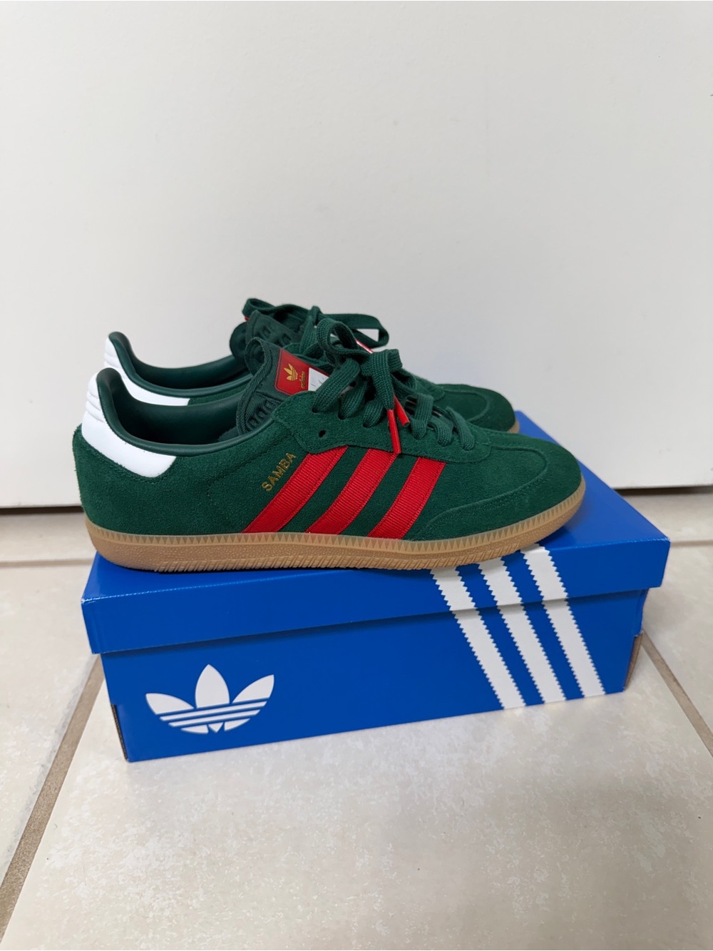 adidas Kids Samba Sneakers - Green Suede with Red Stripes